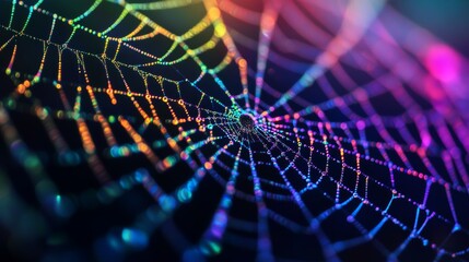 A colorful spider web glistening with light in a dark background.