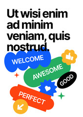 Wall Mural - layout template with text frame. design with geometric shapes and y2k patches, labels, tags, sticker