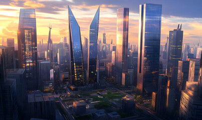 Futuristic cityscape at sunset with tall skyscrapers and a park in the center.