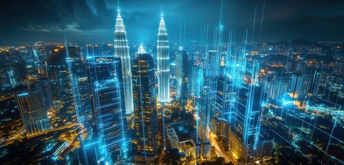 Wall Mural - cityscape with towers and digital network