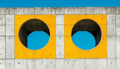 Two Circular Openings in a Concrete Wall with Yellow Frames