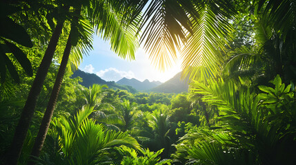 Wall Mural - Lush green jungle with palm trees and mountains in the background.