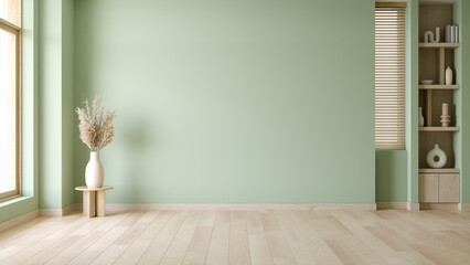 Wall Mural - Empty room ,Minimalist living room With wood furniture and minimalist decorate with green wall background ,3d render