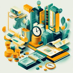 Time is Money   Isometric Business Illustration with Clock  Coins  and Graphs