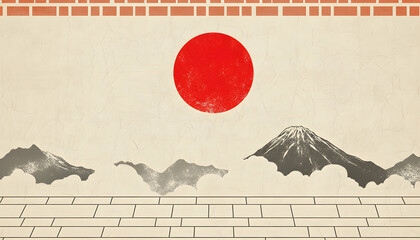 Wall Mural - Minimalist Japanese mountain landscape with red sun and textured background.