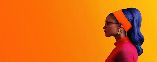 A profile view of a stylish woman with vibrant hair and accessories, set against a colorful orange gradient background.