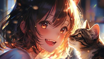 Canvas Print - Playful anime girl with cat, closeup laughter illuminated by sparkles in an energetic and vibrant studio setting