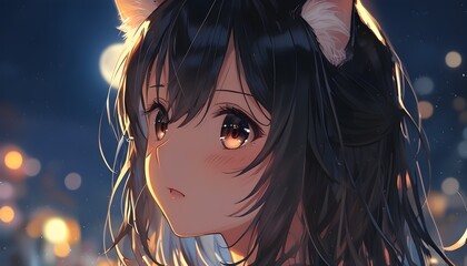 Wall Mural - Whispers of an Anime Girl to a Cat Under Moonlight in a Romantic Lofi Setting with Studio Lighting