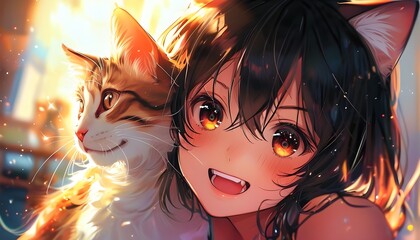 Canvas Print - Playful anime girl with cat, closeup laughter illuminated by sparkles in an energetic and vibrant studio setting