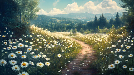 Sticker - A winding path through a field of daisies leads to a forest and distant mountains.