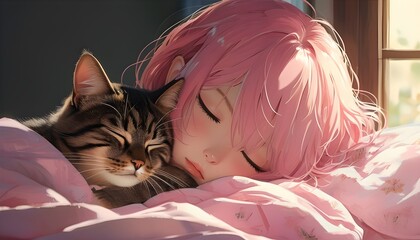 Serene lofi scene of a pink-haired anime girl peacefully cuddling a cute cat in gentle studio lighting