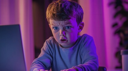 A young boy with a surprised expression is focused on a laptop in a dimly lit room with colorful lights.