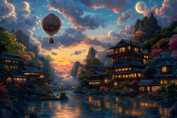 Wall Mural - A hot air balloon floats above a serene village nestled between mountains.