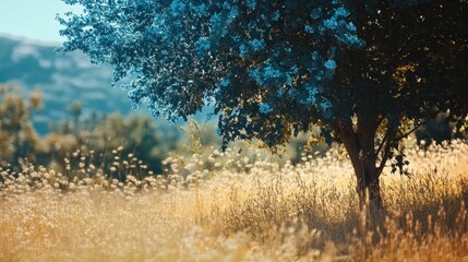 Wall Mural - serene landscape, tree, blue foliage, golden grass, peaceful nature scene, outdoor tranquility, bright sunlight, summer vibes, idyllic setting, relaxing atmosphere