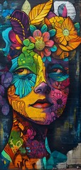 Wall Mural - 74. **A lively street art mural with vibrant colors and intricate designs against an urban backdrop.