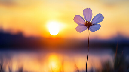 Wall Mural - Single flower silhouette against sunset sky, soft focus background.