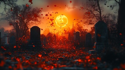 A full moon shines brightly over a graveyard, as leaves swirl in the breeze.