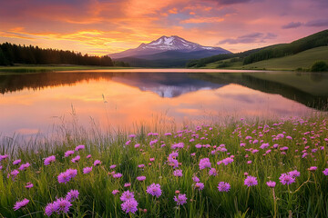 Canvas Print - Mountain lake at sunset with wildflowers in the foreground.