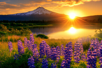 Wall Mural - Majestic mountain peak at sunrise, reflecting in a serene lake, with a vibrant field of purple wildflowers in the foreground.