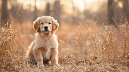 Wall Mural - A golden retriever puppy sits in a field of tall grass, looking directly at the camera with a sweet expression. The sun is setting in the background, casting a warm glow over the scene.