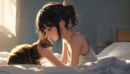 Serene morning scene of an anime girl brushing a cat on a bed, bathed in soft studio lighting