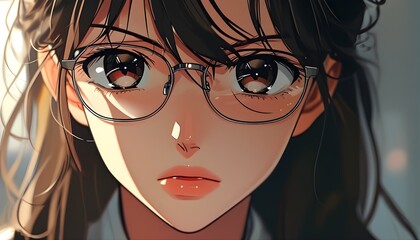 Sticker - Serious anime girl with glasses analyzing bar chart in detailed closeup under studio lighting