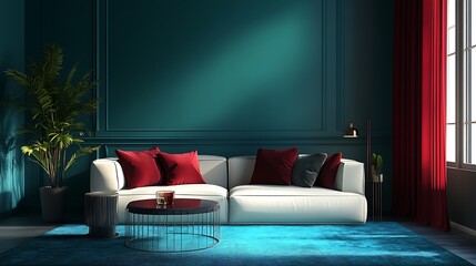 Poster - Modern Living Room with Teal Walls and Red Accents