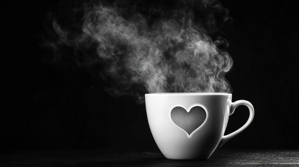 Poster - White coffee cup with smoke, and shadow from handle in heart form, isolated on black background, drink concept 