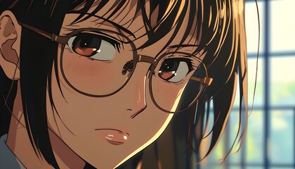 Anime girl with glasses focused on bar chart analysis under studio lighting