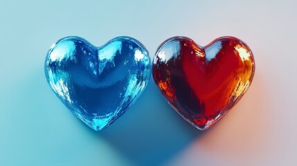 Wall Mural - Two conceptual hearts half blue and half red a greeting card for Valentines Day