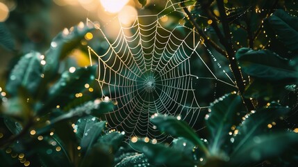 wet spider web in the morning sunshine