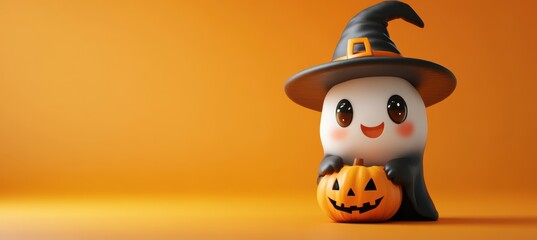 Cute Ghost in Witch Hat with Halloween Pumpkin