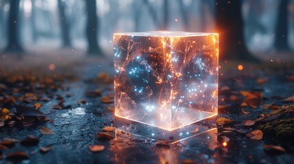 Wall Mural - A glowing cube sits in a forest clearing, surrounded by fallen leaves and reflecting light onto the wet ground.