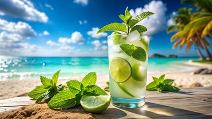 A refreshing mojito made with fresh lime juice, mint leaves, and sparkling water, topped with a sprig of mint. The background features a vibrant Caribbean beach with white sand and turquoise water.