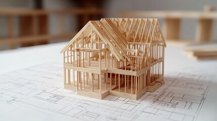 Wooden Frame House Model on Blueprints