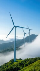 a serene landscape featuring wind turbines amidst lush green hills and rolling clouds, highlighting 