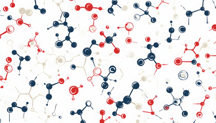 Poster - Abstract seamless pattern with molecular structures in red, blue and beige on a white background.