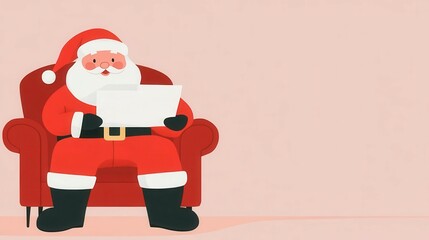 Santa reading letters from children on Christmas Eve, cozy room, flat design illustration