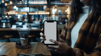 Wall Mural - Close-up of a woman's hands holding a smartphone with a blank screen in a coffee shop.