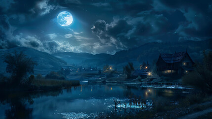 A tranquil village scene with a full moon shining over a river and mountains.