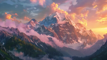 A breathtaking view of a snow-capped mountain peak at sunrise, with a vivid orange and purple sky.