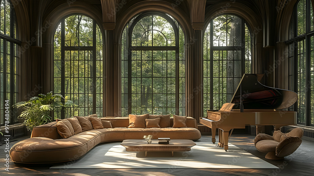 Curved Sofa in a Sunlit Room with a Grand Piano and Large Windows Stock ...