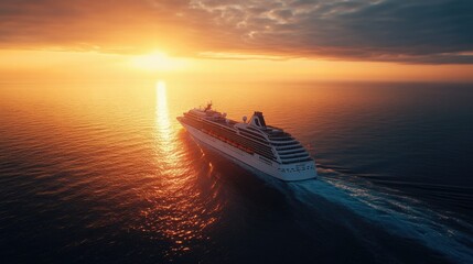 Wall Mural - Cruise ship sailing across the open ocean with the sunrise casting a warm glow, waves gently rippling below