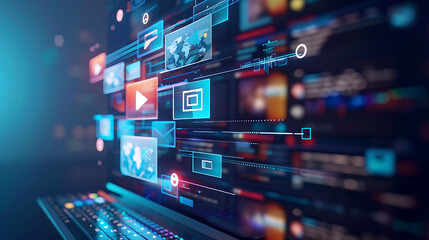Laptop screen filled with glowing digital icons and data streams.