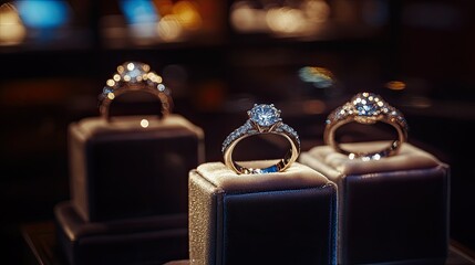 Diamond rings on velvet holders in a luxury jewelry store window, illuminated by subtle lighting to emphasize their sparkle and beauty.