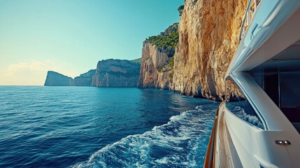 Wall Mural - Dramatic coastal vista from a yacht cruising near towering cliffs, with the open sea stretching out behind