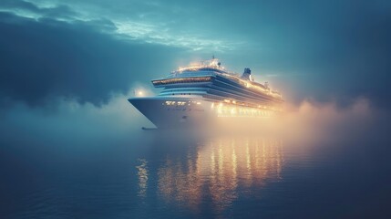 Wall Mural - Early morning view of a cruise liner on a peaceful ocean, with mist rising from the water and the shipaes lights glowing softly