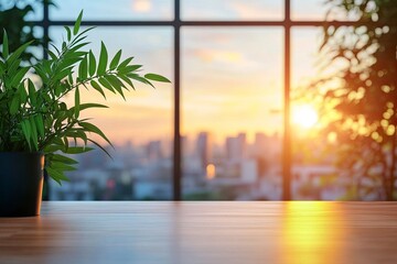 Blur background of office interior with large windows with city urban view, plants, and wooden desks at sunset. Modern workplace and urban greenery concept. Design for poster, generative ai