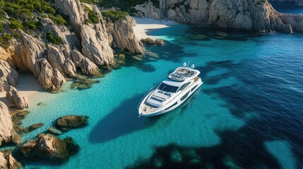 Wall Mural - Elegant white yacht anchored near Sardiniaaes famous Cala Luna beach, with pristine waters and dramatic rock formations surrounding it