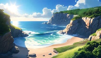 Wall Mural - Vibrant Cartoon Scene of Coastal Cliffs Overlooking a Sunny Beach